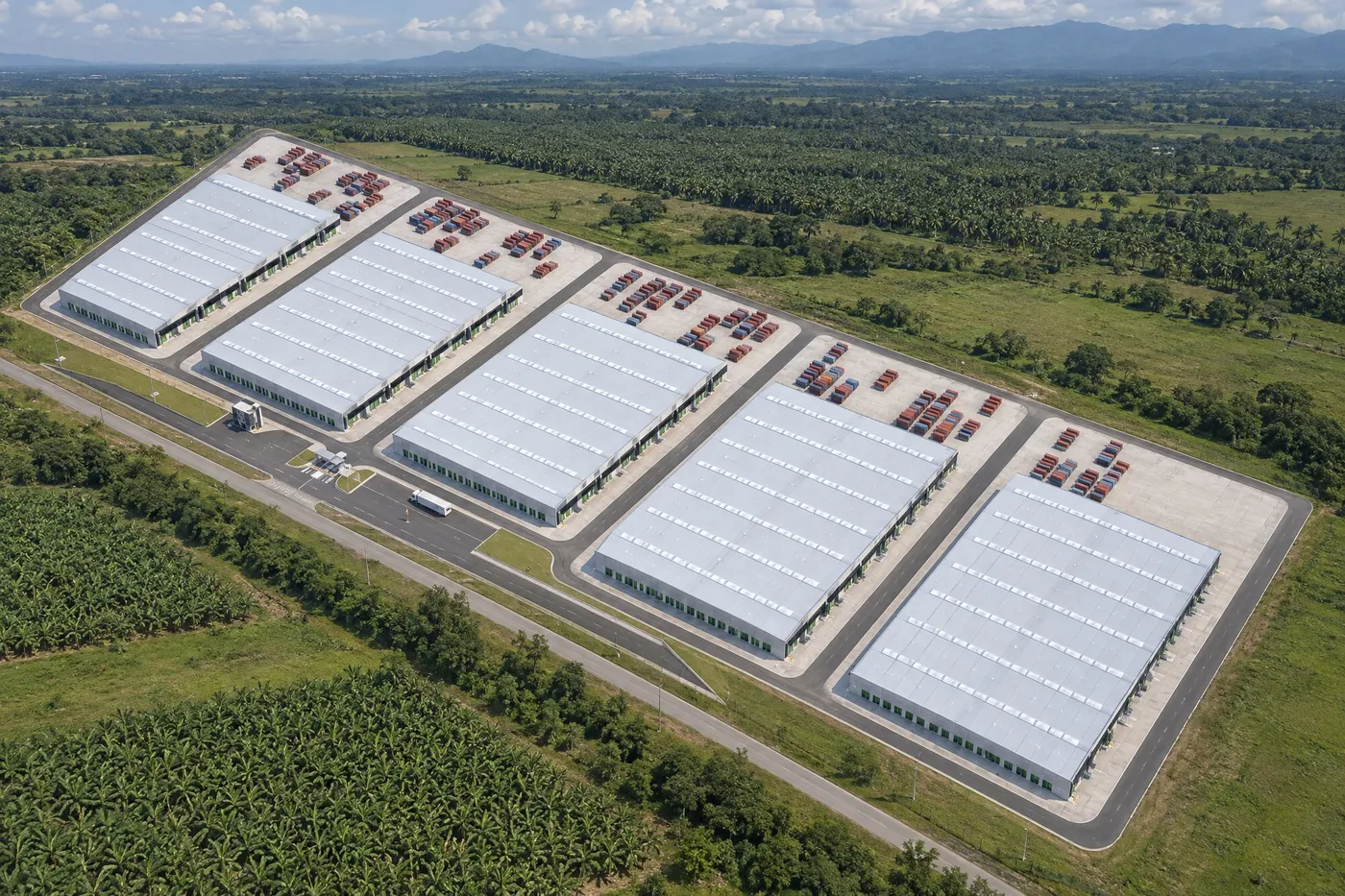 Render del CLIA visto desde arriba: bodegas y patios